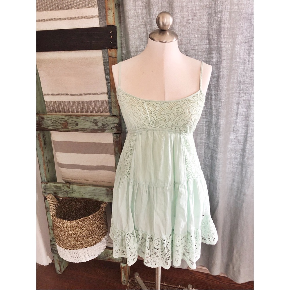 Mint Green 100% Cotton Mini Dress- Spaghetti Straps & Lace Detail- XS